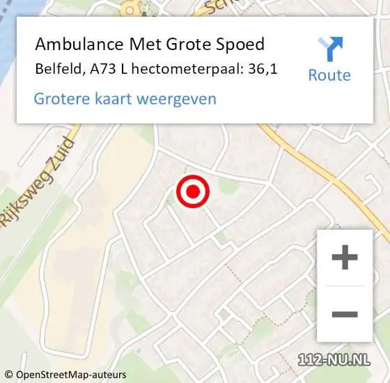 Locatie op kaart van de 112 melding: Ambulance Met Grote Spoed Naar Belfeld, A73 L hectometerpaal: 36,1 op 1 september 2015 14:43