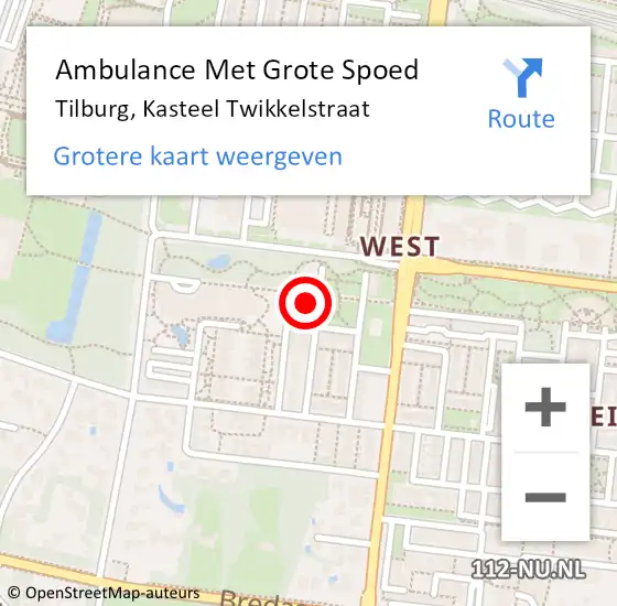Locatie op kaart van de 112 melding: Ambulance Met Grote Spoed Naar Tilburg, Kasteel Twikkelstraat op 1 september 2015 22:32