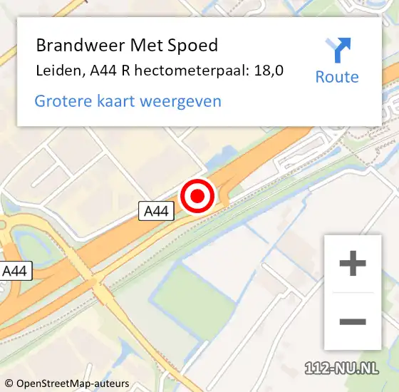 Locatie op kaart van de 112 melding: Brandweer Met Spoed Naar Leiden, A44 R hectometerpaal: 18,0 op 2 september 2015 18:06