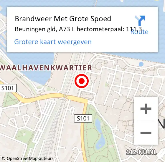Locatie op kaart van de 112 melding: Brandweer Met Grote Spoed Naar Beuningen gld, A73 L hectometerpaal: 111,3 op 2 september 2015 22:11