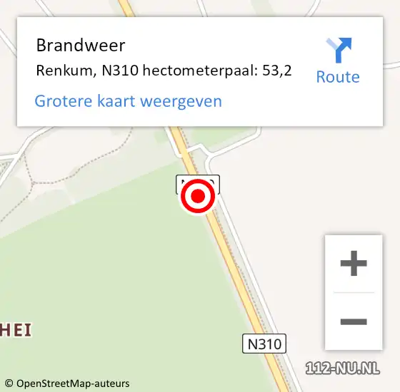 Locatie op kaart van de 112 melding: Brandweer Renkum, N310 hectometerpaal: 52,1 op 3 september 2015 16:50