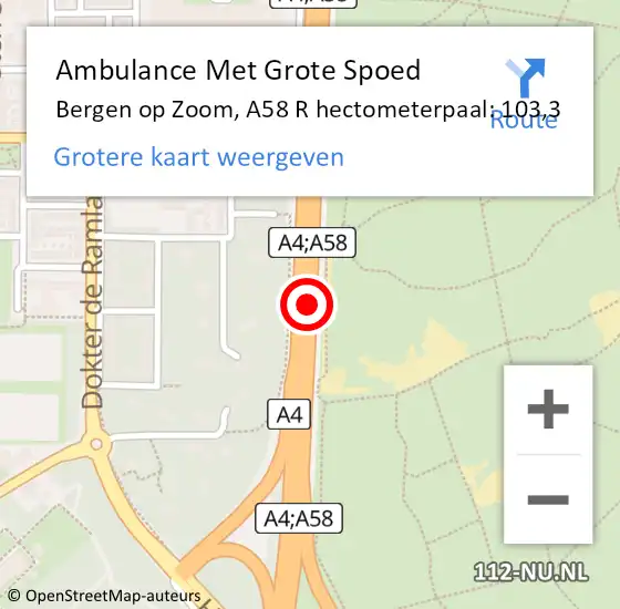 Locatie op kaart van de 112 melding: Ambulance Met Grote Spoed Naar Bergen op Zoom, A58 R hectometerpaal: 103,3 op 3 september 2015 17:48