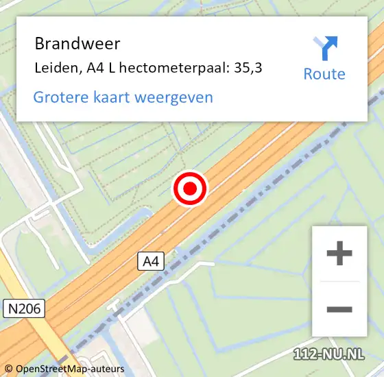 Locatie op kaart van de 112 melding: Brandweer Leiden, A4 R hectometerpaal: 35,6 op 4 september 2015 00:38