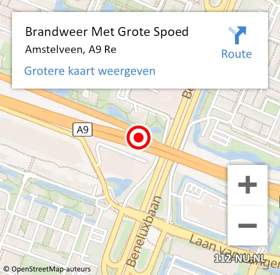 Locatie op kaart van de 112 melding: Brandweer Met Grote Spoed Naar Amstelveen, A9 Re op 4 september 2015 04:50