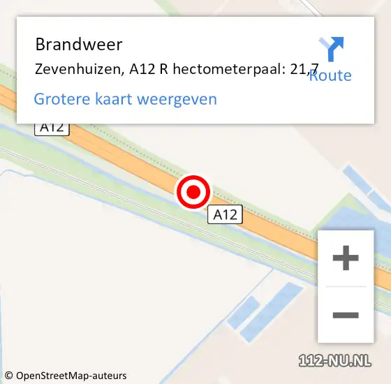 Locatie op kaart van de 112 melding: Brandweer Zevenhuizen, A12 R hectometerpaal: 21,7 op 4 september 2015 15:03