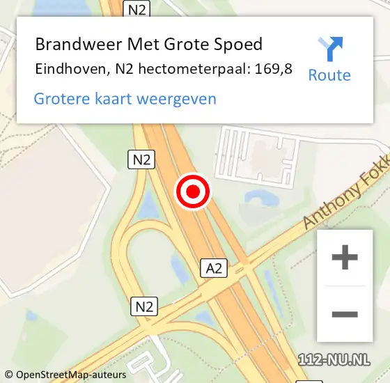 Locatie op kaart van de 112 melding: Brandweer Met Grote Spoed Naar Eindhoven, N2 hectometerpaal: 169,8 op 8 september 2015 14:45