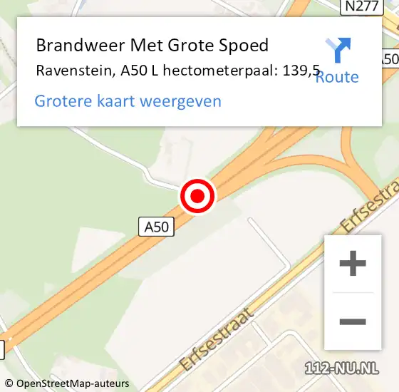 Locatie op kaart van de 112 melding: Brandweer Met Grote Spoed Naar Ravenstein, A50 L hectometerpaal: 139,5 op 11 september 2015 16:06