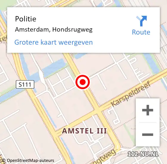 Locatie op kaart van de 112 melding: Politie Amsterdam, Hondsrugweg op 23 september 2015 08:56