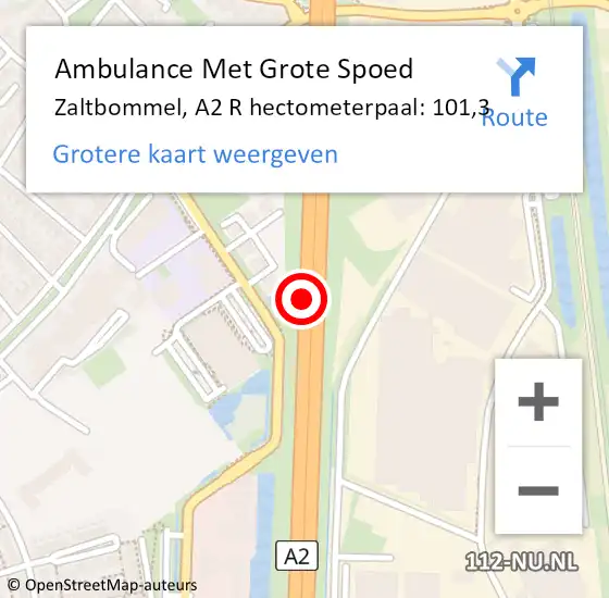 Locatie op kaart van de 112 melding: Ambulance Met Grote Spoed Naar Zaltbommel, A2 R hectometerpaal: 102,4 op 30 september 2015 08:44