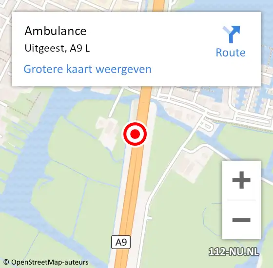 Locatie op kaart van de 112 melding: Ambulance Uitgeest, A9 L op 4 oktober 2015 14:25