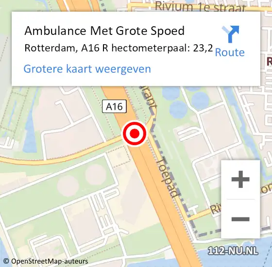 Locatie op kaart van de 112 melding: Ambulance Met Grote Spoed Naar Rotterdam, A16 L op 6 oktober 2015 16:46