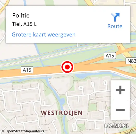 Locatie op kaart van de 112 melding: Politie Tiel, A15 R op 6 oktober 2015 17:09