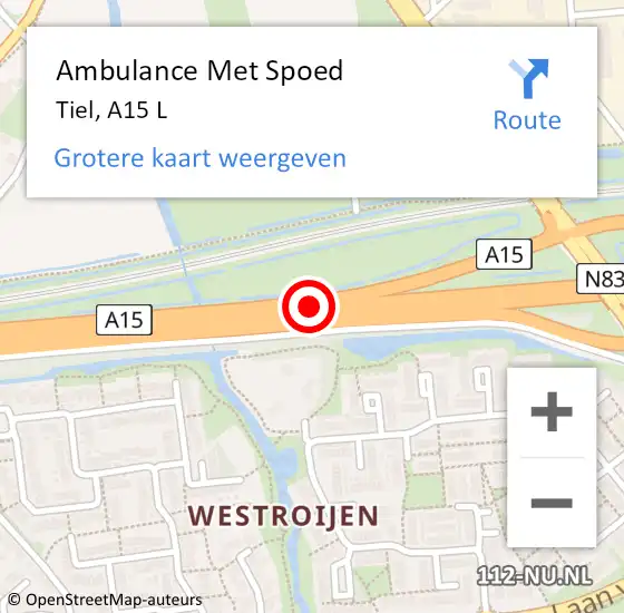 Locatie op kaart van de 112 melding: Ambulance Met Spoed Naar Tiel, A15 R hectometerpaal: 123,3 op 6 oktober 2015 17:10