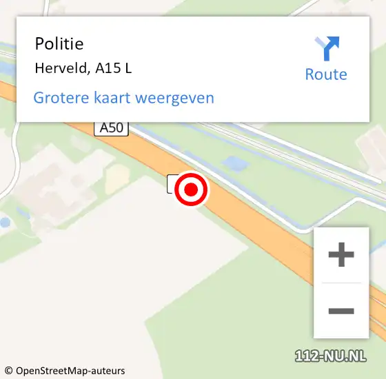Locatie op kaart van de 112 melding: Politie Herveld, A15 L op 8 oktober 2015 19:25