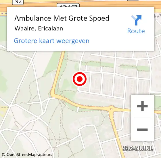 Locatie op kaart van de 112 melding: Ambulance Met Grote Spoed Naar Waalre, Ericalaan op 10 oktober 2015 05:01