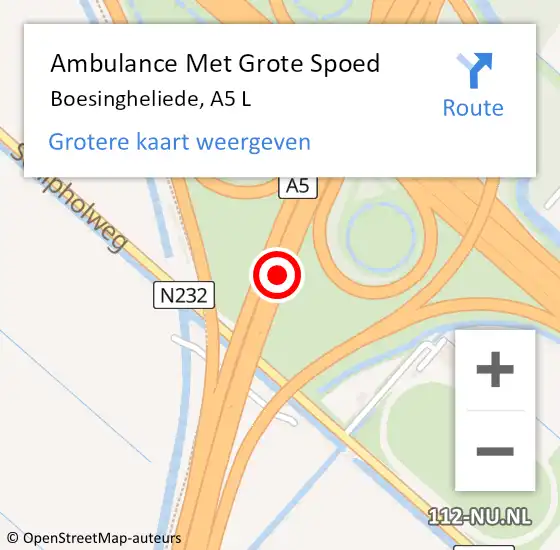 Locatie op kaart van de 112 melding: Ambulance Met Grote Spoed Naar Boesingheliede, A5 L op 10 oktober 2015 07:31