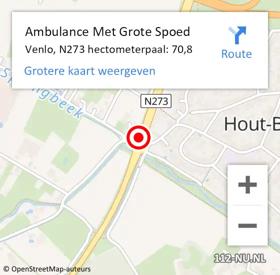 Locatie op kaart van de 112 melding: Ambulance Met Grote Spoed Naar Venlo, N273 hectometerpaal: 70,5 op 14 oktober 2015 17:13