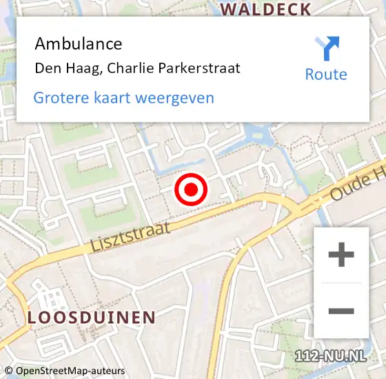 Locatie op kaart van de 112 melding: Ambulance Den Haag, Charlie Parkerstraat op 17 oktober 2015 09:32