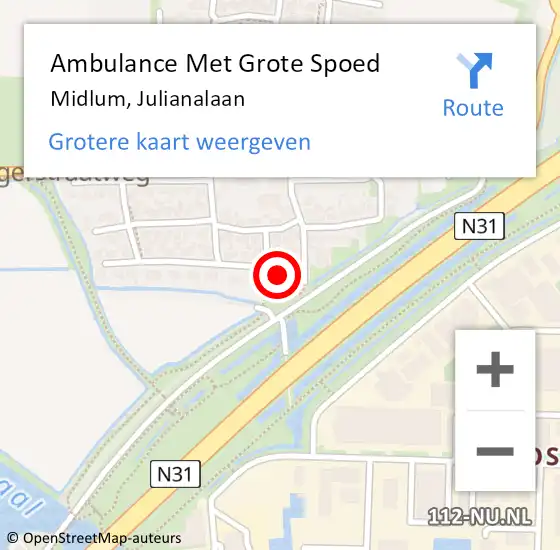 Locatie op kaart van de 112 melding: Ambulance Met Grote Spoed Naar Midlum, Julianalaan op 31 oktober 2015 13:55