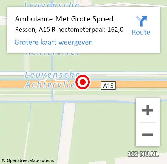 Locatie op kaart van de 112 melding: Ambulance Met Grote Spoed Naar Ressen, A15 R hectometerpaal: 162,0 op 3 november 2015 08:35
