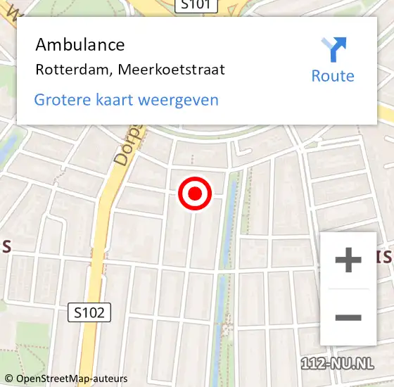 Locatie op kaart van de 112 melding: Ambulance Rotterdam, Meerkoetstraat op 14 november 2015 00:41