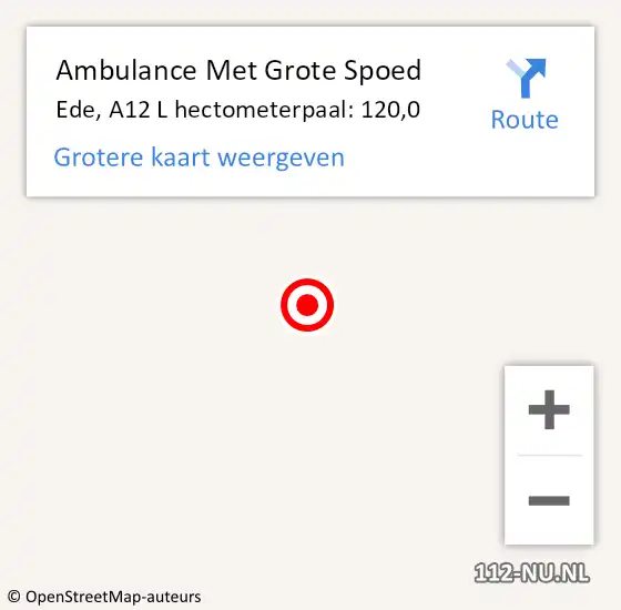 Locatie op kaart van de 112 melding: Ambulance Met Grote Spoed Naar Ede, A12 L hectometerpaal: 120,0 op 15 november 2015 09:39