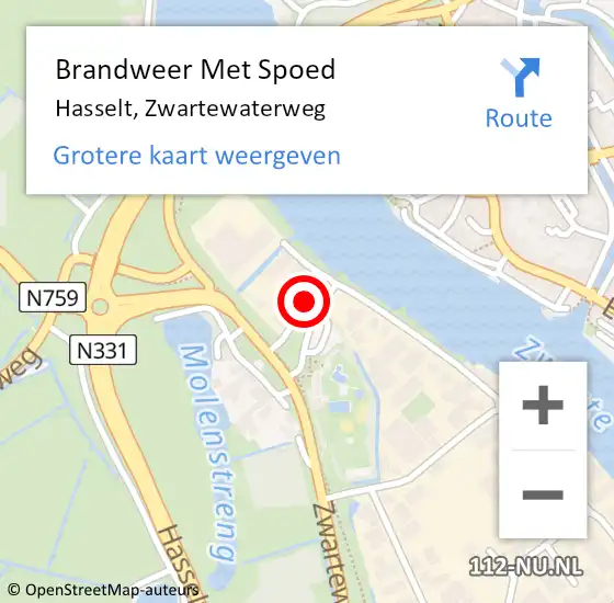 Locatie op kaart van de 112 melding: Brandweer Met Spoed Naar Hasselt, Zwartewaterweg op 17 november 2015 10:33