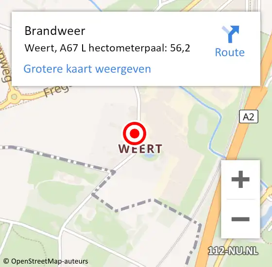 Locatie op kaart van de 112 melding: Brandweer Weert, A67 L hectometerpaal: 56,2 op 21 november 2015 08:30