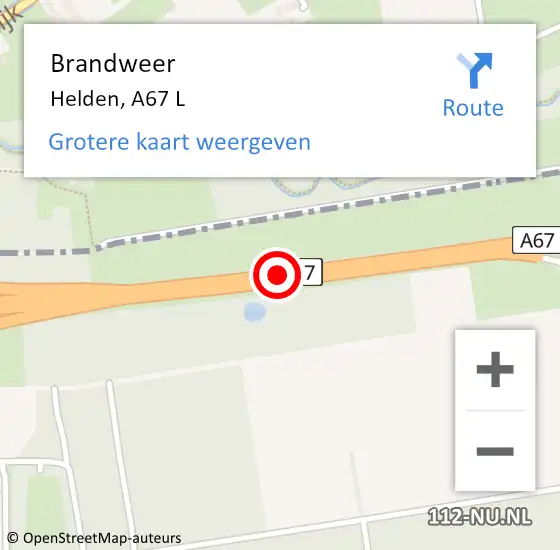 Locatie op kaart van de 112 melding: Brandweer Helden, A67 L op 21 november 2015 08:30