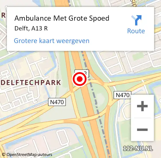 Locatie op kaart van de 112 melding: Ambulance Met Grote Spoed Naar Delft, A13 R op 26 november 2015 20:03