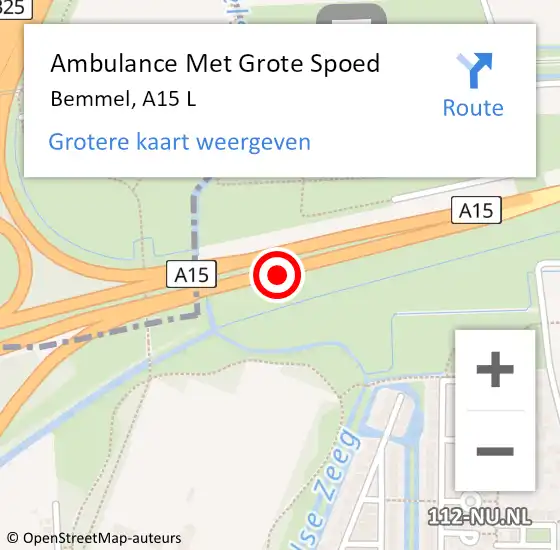 Locatie op kaart van de 112 melding: Ambulance Met Grote Spoed Naar Bemmel, A15 R hectometerpaal: 164,7 op 29 november 2015 02:41