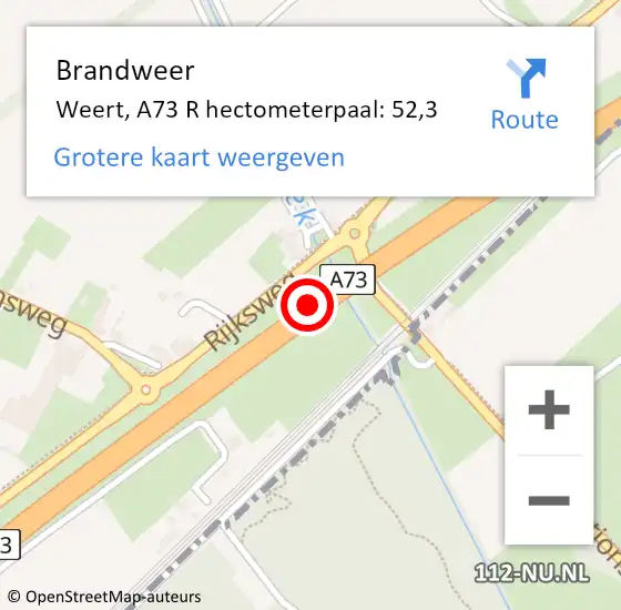 Locatie op kaart van de 112 melding: Brandweer Weert, A73 R hectometerpaal: 39,0 op 11 december 2015 10:42