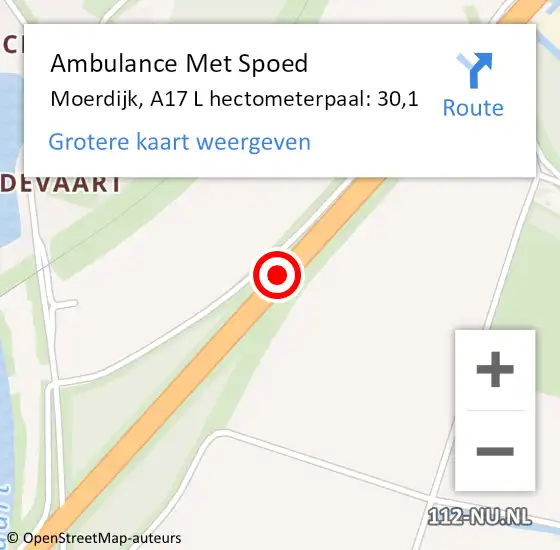 Locatie op kaart van de 112 melding: Ambulance Met Spoed Naar Moerdijk, A17 L hectometerpaal: 30,0 op 16 december 2015 14:16