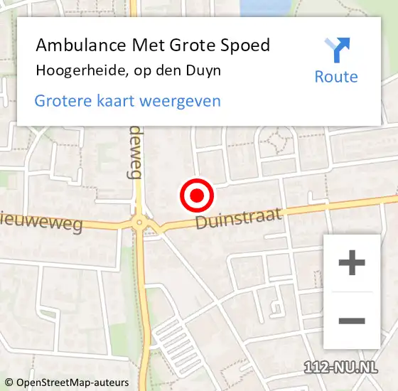 Locatie op kaart van de 112 melding: Ambulance Met Grote Spoed Naar Hoogerheide, op den Duyn op 17 december 2015 05:49