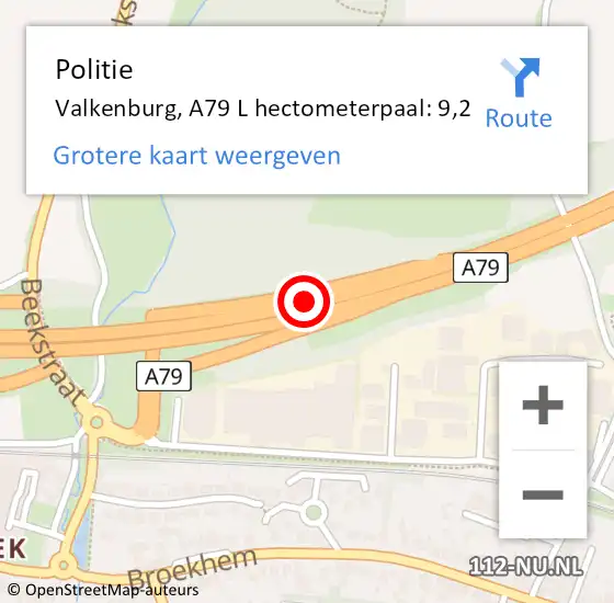 Locatie op kaart van de 112 melding: Politie Valkenburg, A79 L hectometerpaal: 9,6 op 21 december 2015 13:08