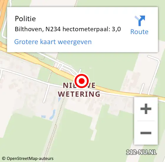 Locatie op kaart van de 112 melding: Politie Bilthoven, N234 hectometerpaal: 3,7 op 23 december 2015 16:58
