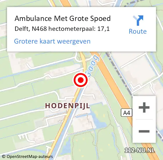 Locatie op kaart van de 112 melding: Ambulance Met Grote Spoed Naar Delft, N468 hectometerpaal: 17,1 op 1 december 2013 15:32