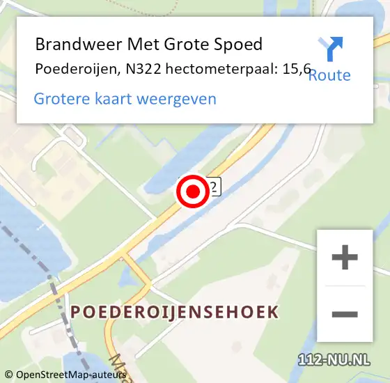 Locatie op kaart van de 112 melding: Brandweer Met Grote Spoed Naar Poederoijen, N322 hectometerpaal: 15,6 op 29 december 2015 18:40