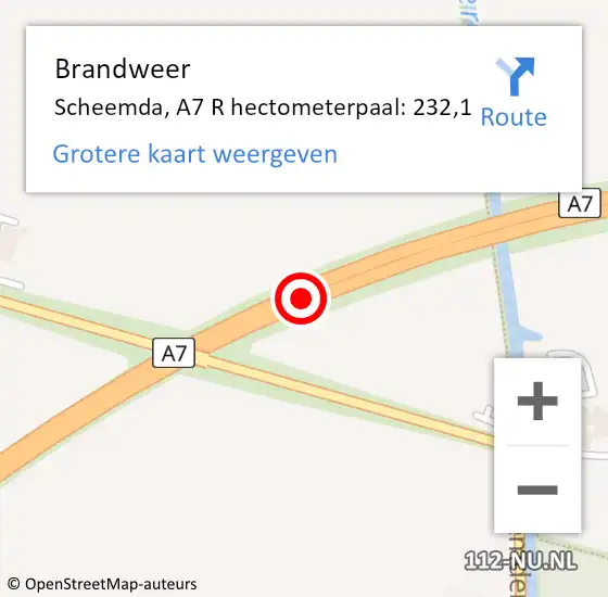 Locatie op kaart van de 112 melding: Brandweer Scheemda, A7 R hectometerpaal: 225,0 op 3 januari 2016 09:28