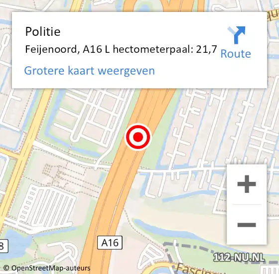 Locatie op kaart van de 112 melding: Politie Feijenoord, A16 L hectometerpaal: 21,7 op 9 januari 2016 16:19