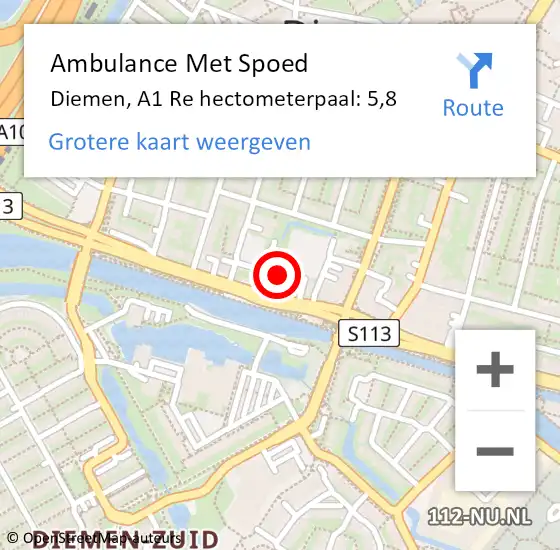 Locatie op kaart van de 112 melding: Ambulance Met Spoed Naar Diemen, Berkenstede op 21 januari 2016 12:01