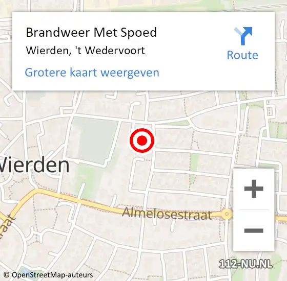 Locatie op kaart van de 112 melding: Brandweer Met Spoed Naar Wierden, 't Wedervoort op 21 januari 2016 19:16