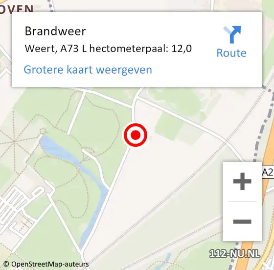 Locatie op kaart van de 112 melding: Brandweer Weert, A73 L hectometerpaal: 12,0 op 26 januari 2016 07:51