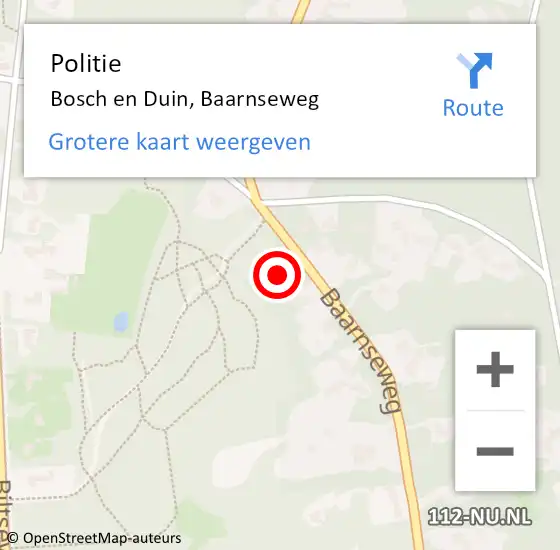 Locatie op kaart van de 112 melding: Politie Bosch en Duin, Baarnseweg op 29 januari 2016 15:19