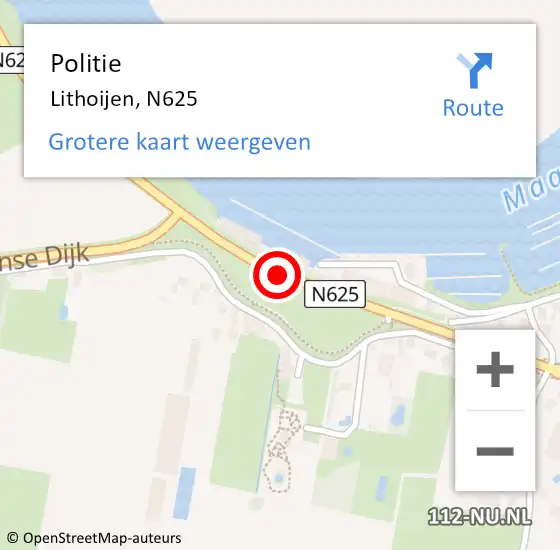 Locatie op kaart van de 112 melding: Politie Lithoijen, N625 op 4 februari 2016 10:48