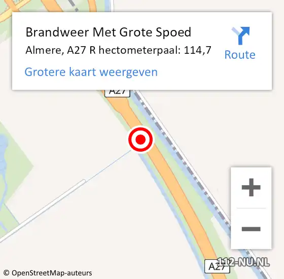Locatie op kaart van de 112 melding: Brandweer Met Grote Spoed Naar Almere, A27 R hectometerpaal: 114,7 op 11 februari 2016 22:19