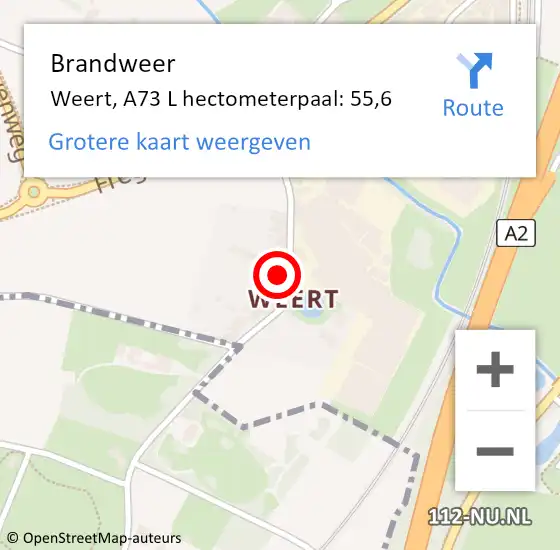 Locatie op kaart van de 112 melding: Brandweer Weert, A73 L hectometerpaal: 55,6 op 12 februari 2016 08:34