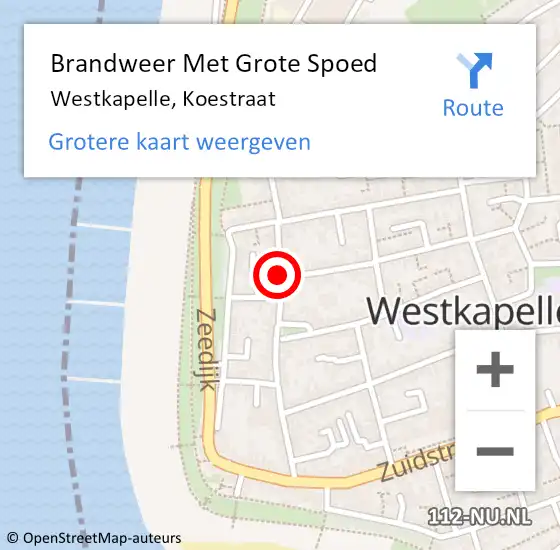 Locatie op kaart van de 112 melding: Brandweer Met Grote Spoed Naar Westkapelle, Koestraat op 12 februari 2016 17:28