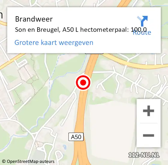 Locatie op kaart van de 112 melding: Brandweer Son en Breugel, A50 L hectometerpaal: 100,0 op 20 februari 2016 07:29