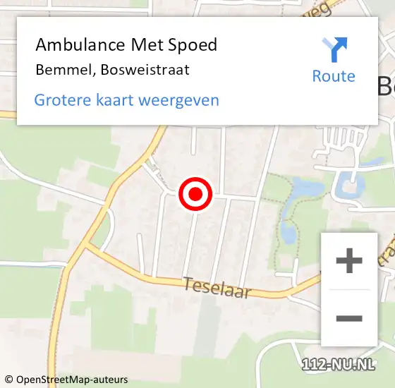 Locatie op kaart van de 112 melding: Ambulance Met Spoed Naar Bemmel, Bosweistraat op 26 februari 2016 16:04